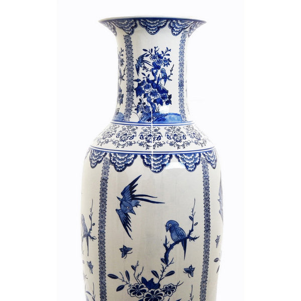 Benzara Accent Flower Vase Japanese Pattern Blue White Ceramic 48 Inch -BM330961