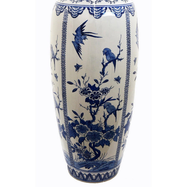 Benzara Accent Flower Vase Japanese Pattern Blue White Ceramic 48 Inch -BM330961