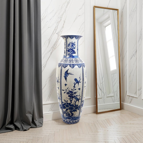 benzara Accent Flower Vase Japanese Pattern Blue White Ceramic 48 Inch -BM330961