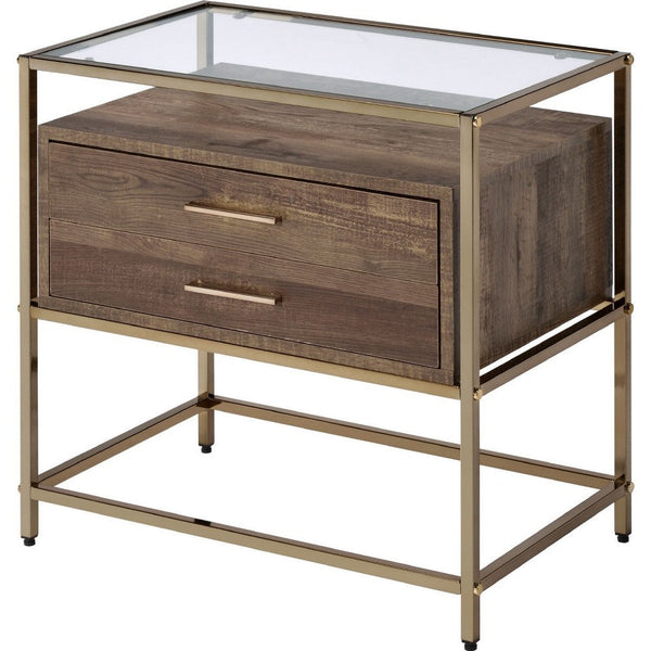 Benzara Accent Table With 2 Drawers And Metal Frame Glass Top Brown And Gold - BM250320