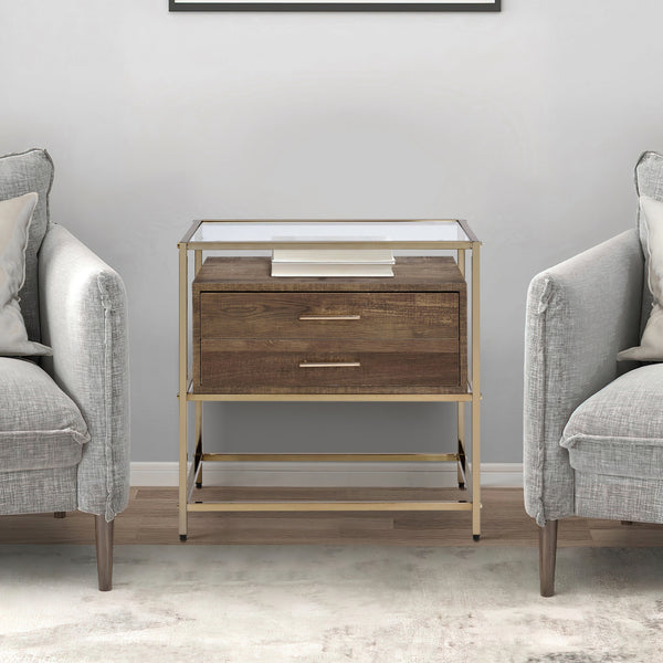benzara Accent Table with 2 Drawers and Metal Frame Glass Top Brown and Gold - BM250320