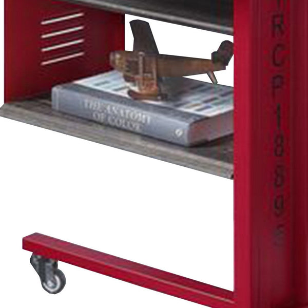 Benzara Accent Table With Metal Cargo Style And 3 Caster Wheels Red - BM269579