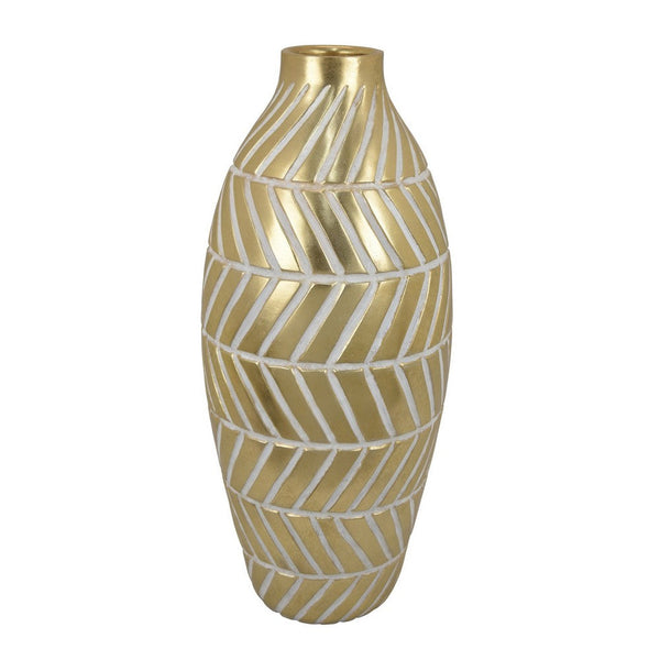 Benzara Accent Vase Gold Resin Urn Shape Lined Pattern In White 28 Inch -BM330949