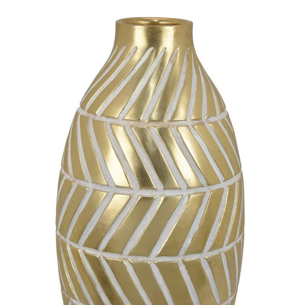 Benzara Accent Vase Gold Resin Urn Shape Lined Pattern In White 28 Inch -BM330949