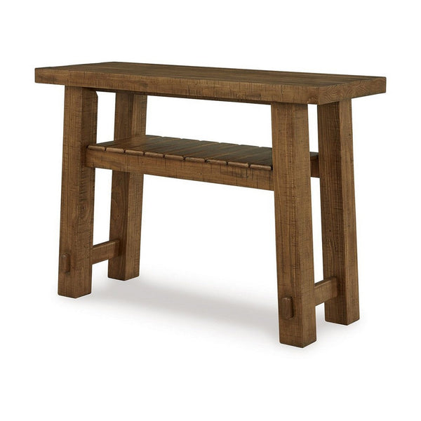 Benzara Ack Sofa Console Table Slatted Shelf Block Legs 48 Inch Brown Wood -BM327350