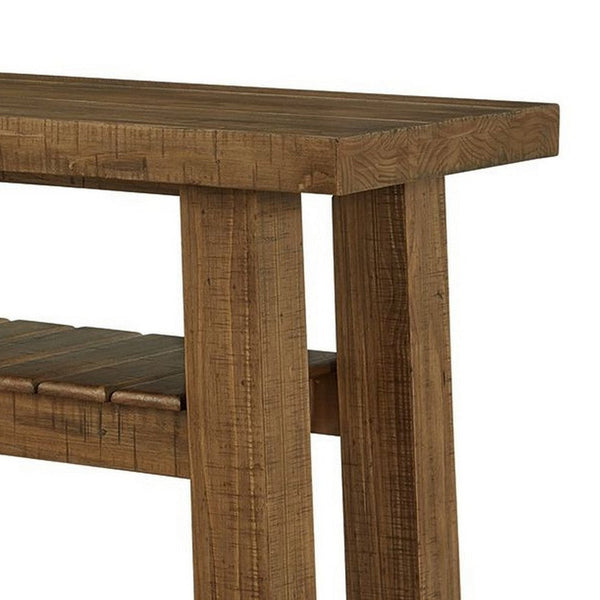 Benzara Ack Sofa Console Table Slatted Shelf Block Legs 48 Inch Brown Wood -BM327350