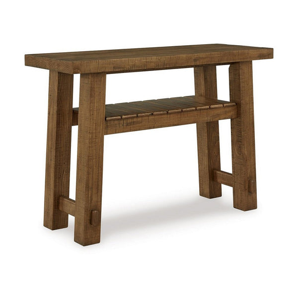 benzara Ack Sofa Console Table Slatted Shelf Block legs 48 Inch Brown Wood -BM327350