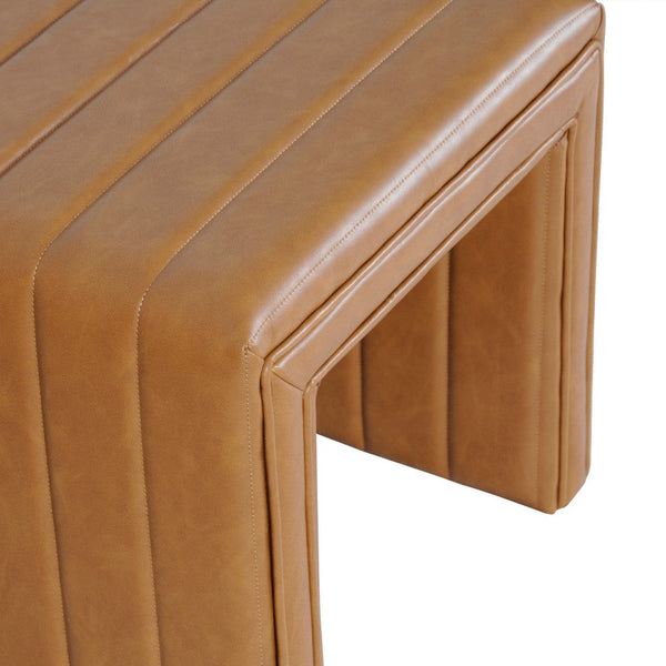 Benzara Ada Footstool Ottoman Channel Tuft Caramel Brown Faux Leather 19 Inch -BM334153