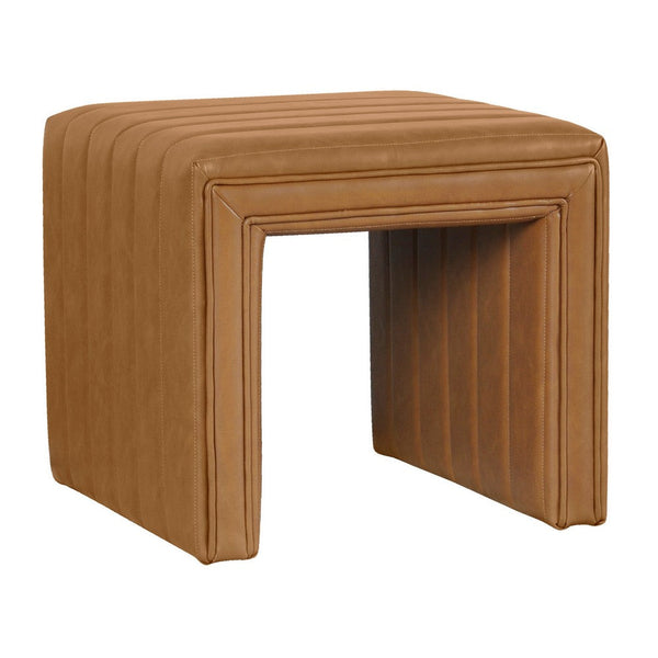 benzara Ada Footstool Ottoman Channel Tuft Caramel Brown Faux Leather 19 Inch -BM334153