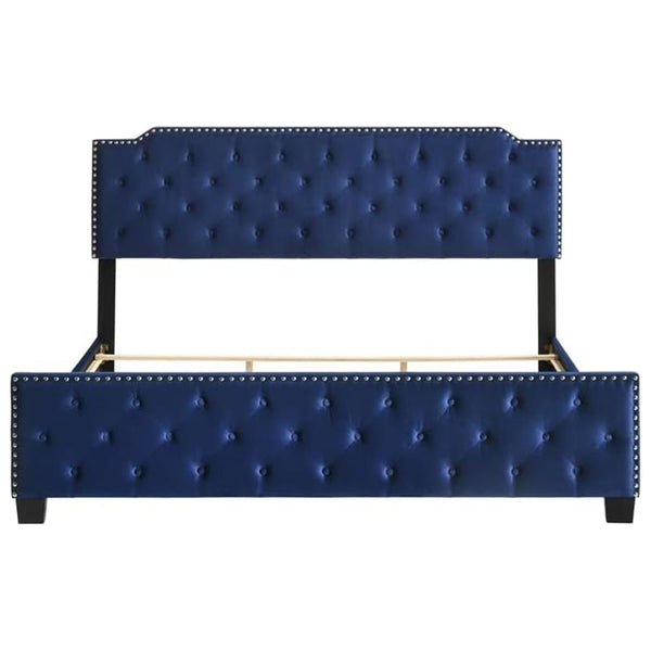 Benzara Agapi King Size Bed Button Tufted Nailhead Trim Blue Fabric Upholstery - BM302195