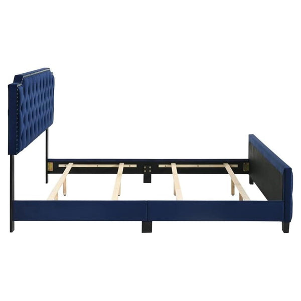 Benzara Agapi King Size Bed Button Tufted Nailhead Trim Blue Fabric Upholstery - BM302195