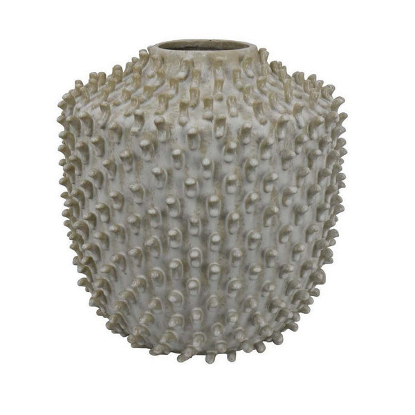Benzara Akira Round Accent Vase With Studded Details White Ceramic 12 Inch -BM330130