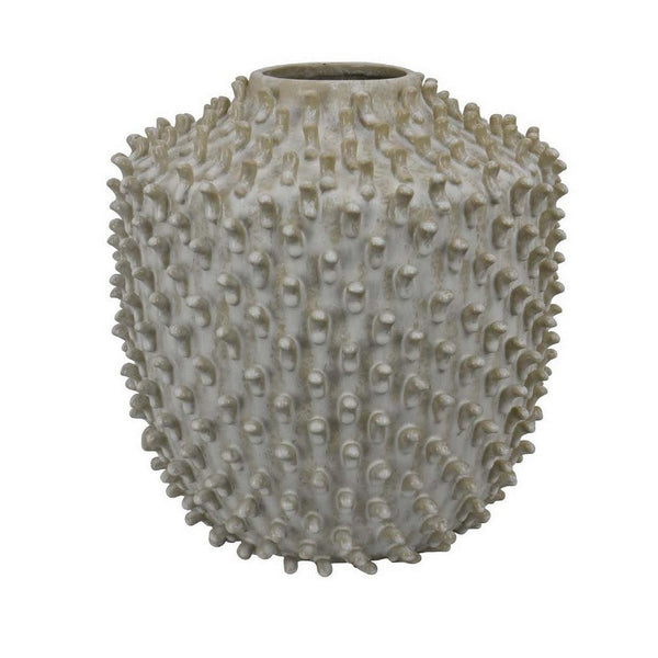 Benzara Akira Round Accent Vase With Studded Details White Ceramic 12 Inch -BM330130