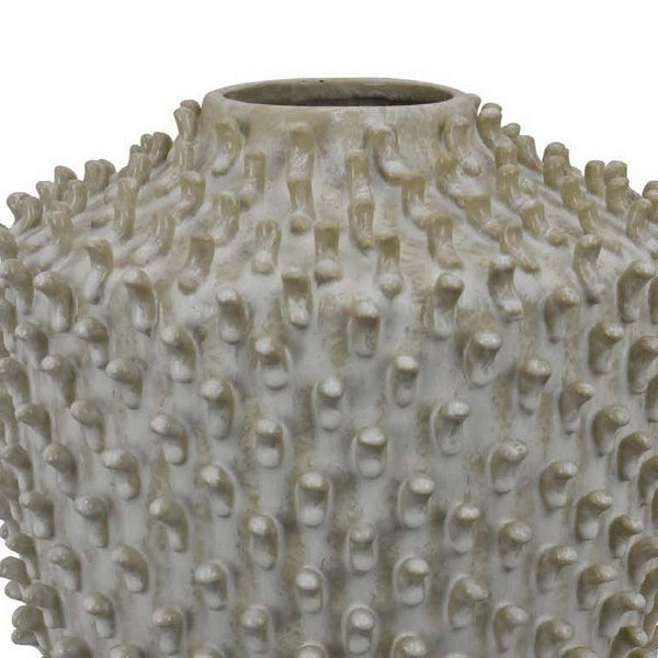 Benzara Akira Round Accent Vase With Studded Details White Ceramic 12 Inch -BM330130