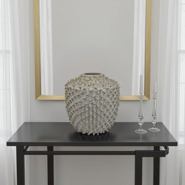 benzara Akira Round Accent Vase with Studded Details White Ceramic 12 Inch -BM330130