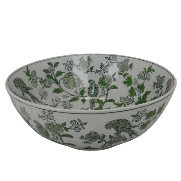 Benzara Alex Decorative Bowl Red Bird And Floral Motif White Ceramic 14 Inch -BM330135