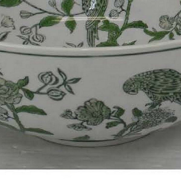 Benzara Alex Decorative Bowl Red Bird And Floral Motif White Ceramic 14 Inch -BM330135