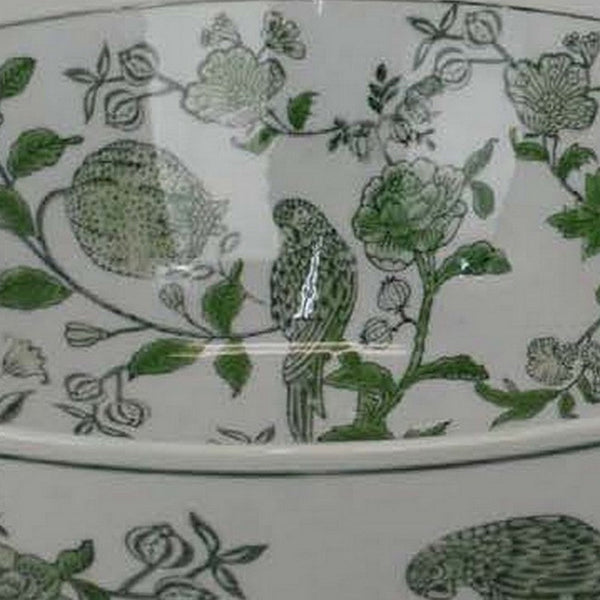 Benzara Alex Decorative Bowl Red Bird And Floral Motif White Ceramic 14 Inch -BM330135