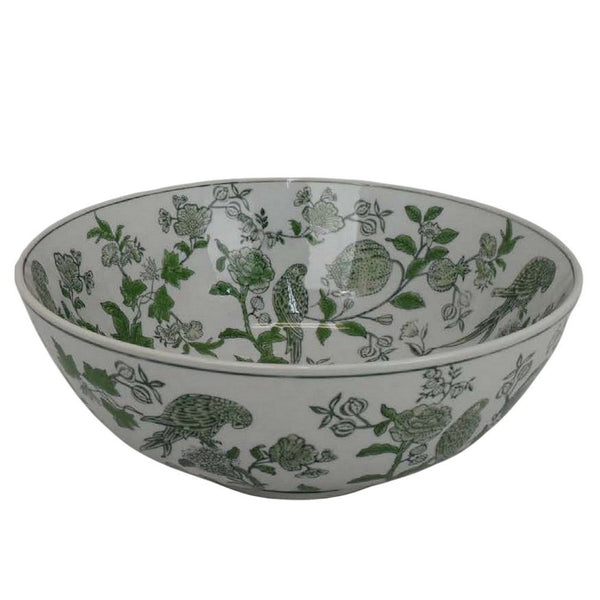 benzara Alex Decorative Bowl Red Bird and Floral Motif White Ceramic 14 Inch -BM330135