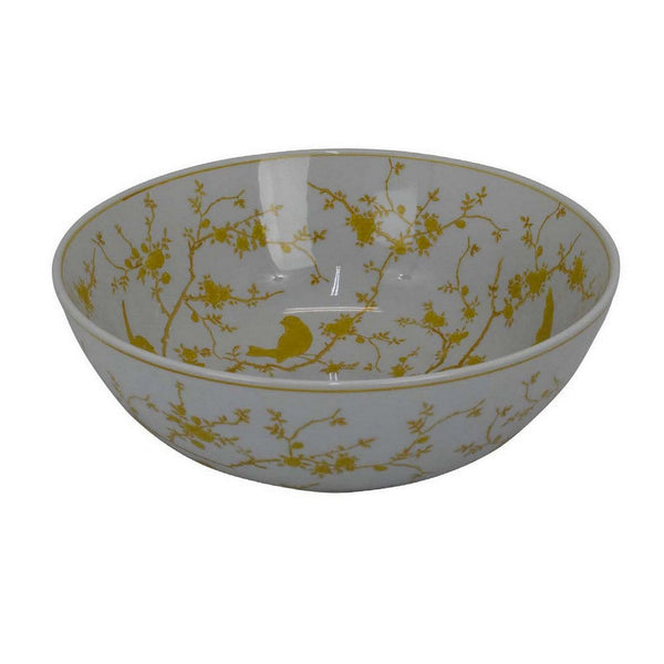 Benzara Alex Decorative Bowl Yellow Bird Floral Motif White Ceramic 14 Inch -BM330132