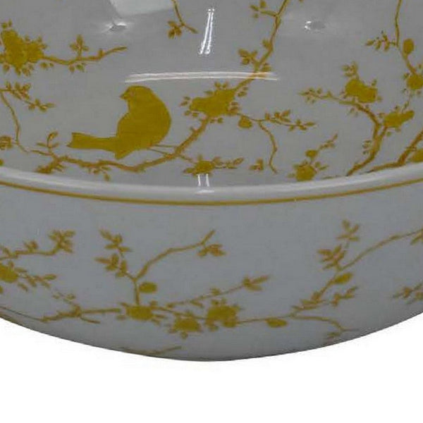 Benzara Alex Decorative Bowl Yellow Bird Floral Motif White Ceramic 14 Inch -BM330132