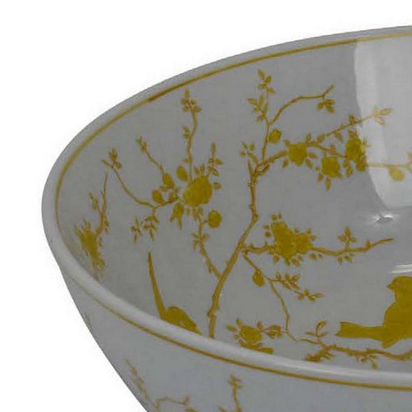 Benzara Alex Decorative Bowl Yellow Bird Floral Motif White Ceramic 14 Inch -BM330132