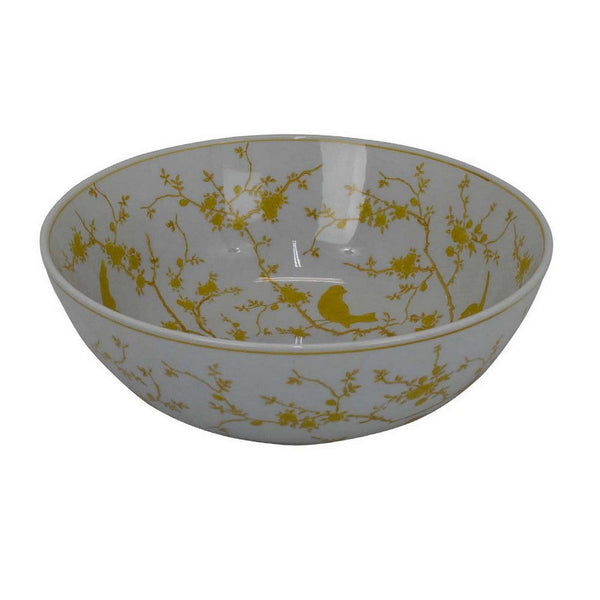 benzara Alex Decorative Bowl Yellow Bird Floral Motif White Ceramic 14 Inch -BM330132