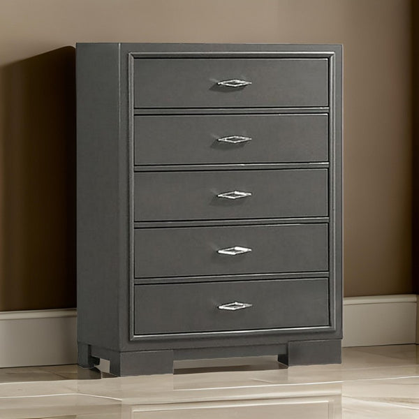 Benzara Aliso 47 Inch Tall Dresser Chest 5 Drawers Solid Wood Dark Gray Finish - BM310944