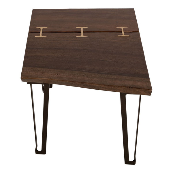 Benzara Ally Side End Table Gold Metal Inlays Walnut Brown Parota 24 Inch -BM333484