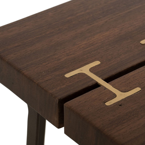 Benzara Ally Side End Table Gold Metal Inlays Walnut Brown Parota 24 Inch -BM333484