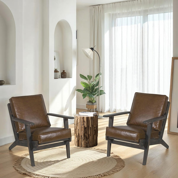 Benzara Amber Accent Chair Handcrafted Slatted Mango Wood Brown Buffalo Leather Cushions Angled Legs - UPT-315762