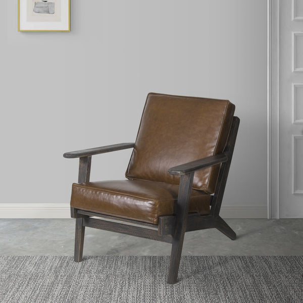 Benzara Amber Accent Chair Handcrafted Slatted Mango Wood Brown Buffalo Leather Cushions Angled Legs - UPT-315762