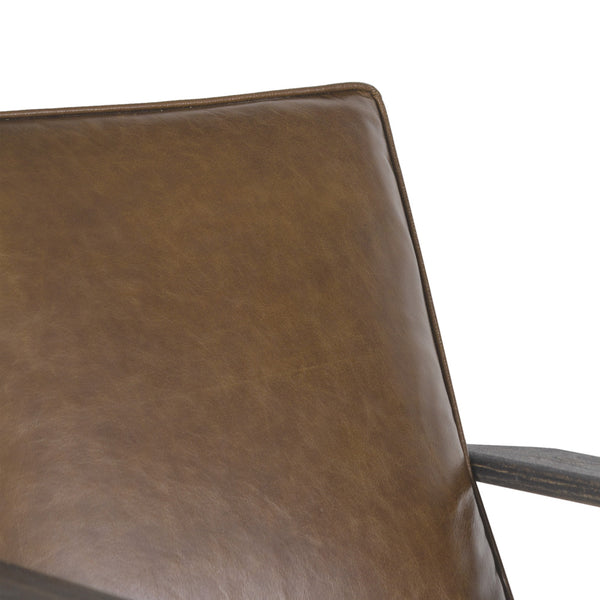 Benzara Amber Accent Chair Handcrafted Slatted Mango Wood Brown Buffalo Leather Cushions Angled Legs - UPT-315762