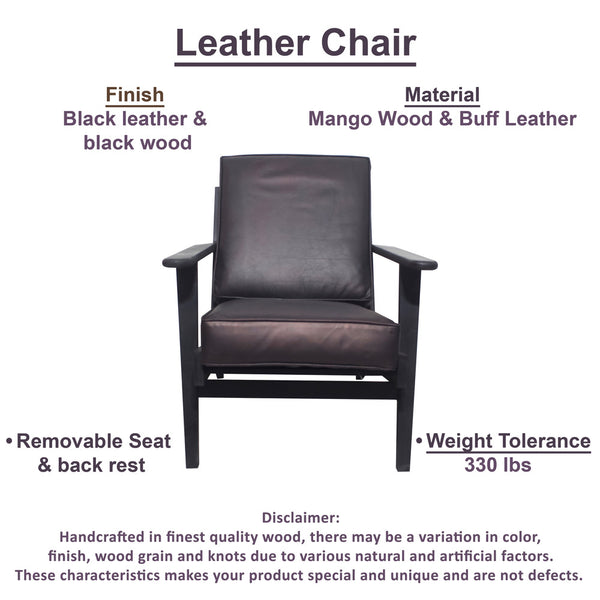 Benzara Amber Accent Chair Handcrafted Slatted Mango Wood Black Buffalo Leather Cushions Angled Legs - UPT-315763