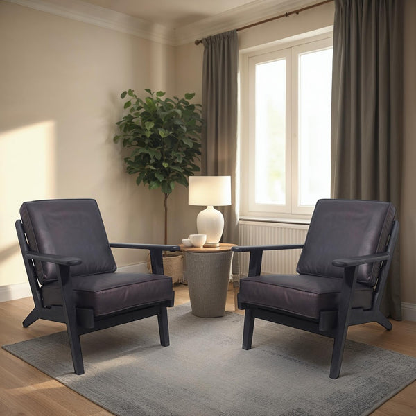 benzara Amber Accent Chair Handcrafted Slatted Mango Wood Black Buffalo Leather Cushions Angled Legs - UPT-315763