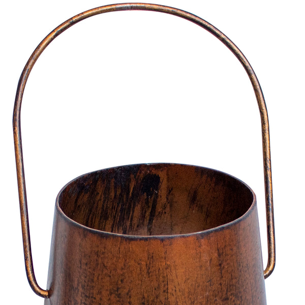 Benzara Ambient 12 Inch Vintage Style Iron Candle Stand Lantern Sleek Curved Handle Rustic Bronze - UPT-271312