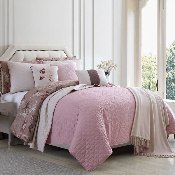 benzara Andria 10 Piece Queen Size Comforter and Coverlet Set Brown and Pink - BM202794