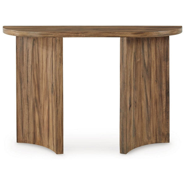 Benzara Anny Sofa Console Table Curved Plinth Base 52 Inch Brown Oak Wood -BM327430