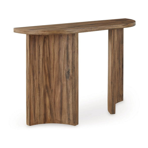 benzara Anny Sofa Console Table Curved Plinth Base 52 Inch Brown Oak Wood -BM327430