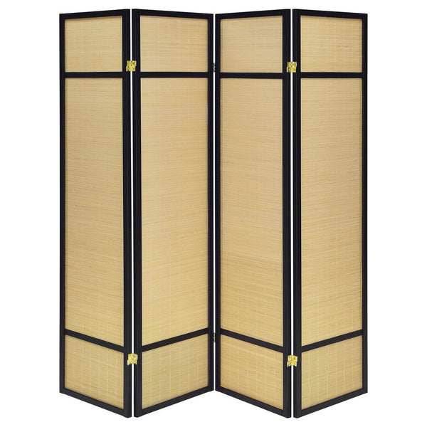 Benzara Arce 4 Panel Foldable Privacy Screen Bamboo Black Pine Wood Frame -BM329104
