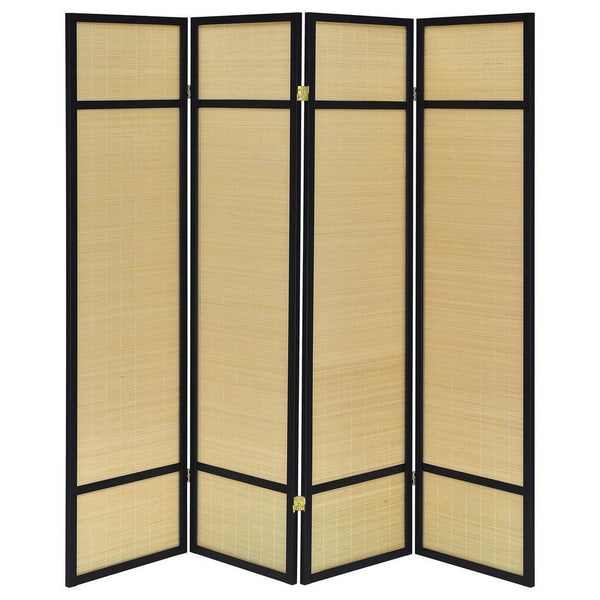 Benzara Arce 4 Panel Foldable Privacy Screen Bamboo Black Pine Wood Frame -BM329104