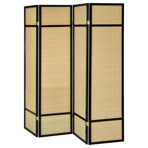 Benzara Arce 4 Panel Foldable Privacy Screen Bamboo Black Pine Wood Frame -BM329104