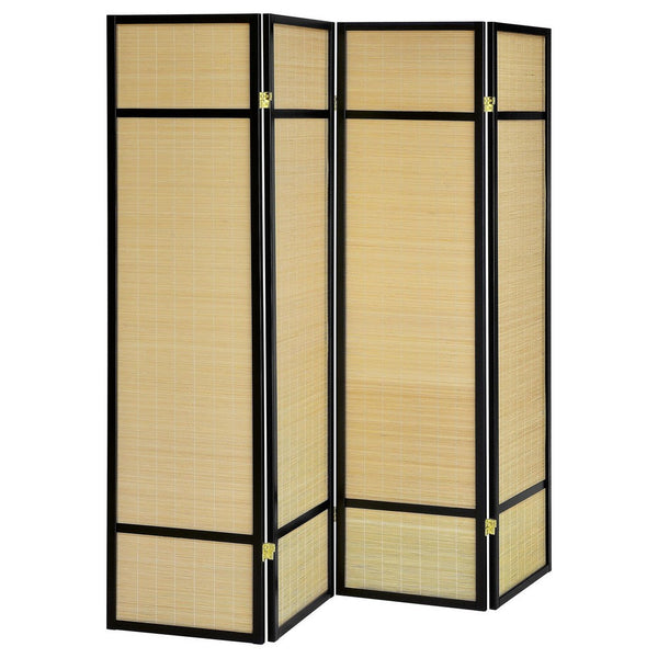 benzara Arce 4 Panel Foldable Privacy Screen Bamboo Black Pine Wood Frame -BM329104