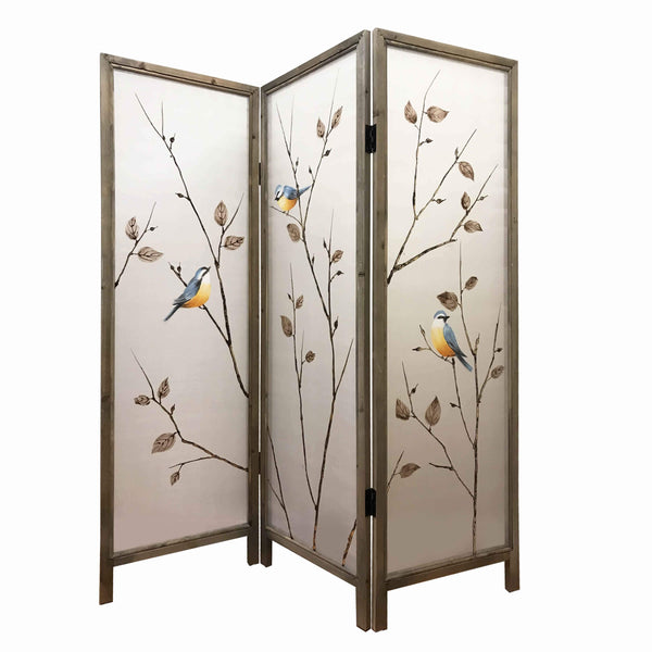 Benzara Art Styled 3 Panel Wooden Screen With Hand Painted Fabric Design Beige - BM205893