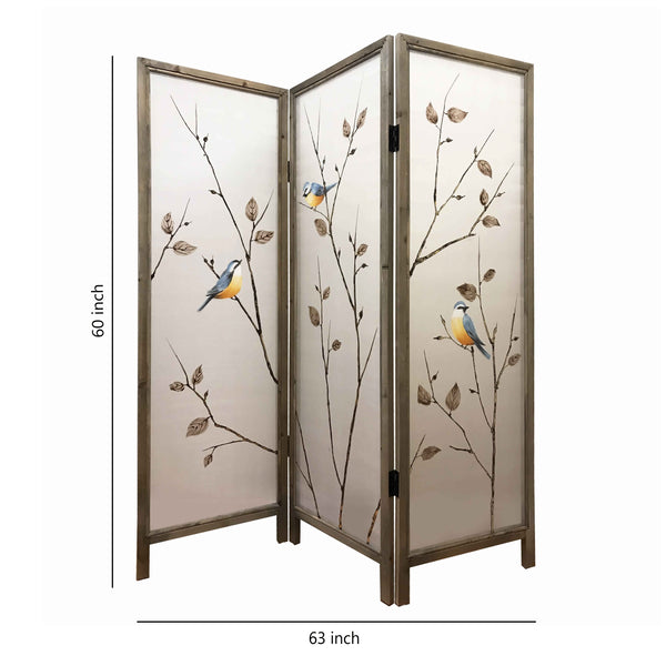 Benzara Art Styled 3 Panel Wooden Screen With Hand Painted Fabric Design Beige - BM205893