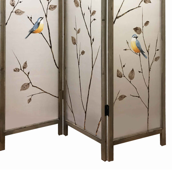 Benzara Art Styled 3 Panel Wooden Screen With Hand Painted Fabric Design Beige - BM205893