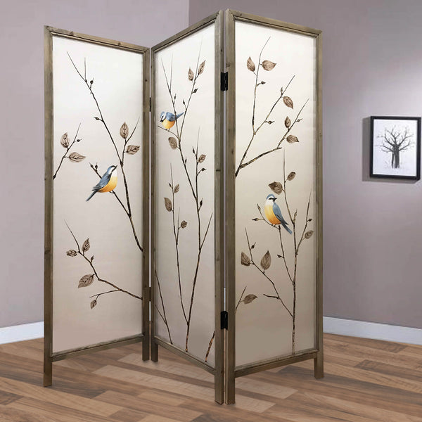 benzara Art Styled 3 Panel Wooden Screen with Hand painted Fabric Design Beige - BM205893