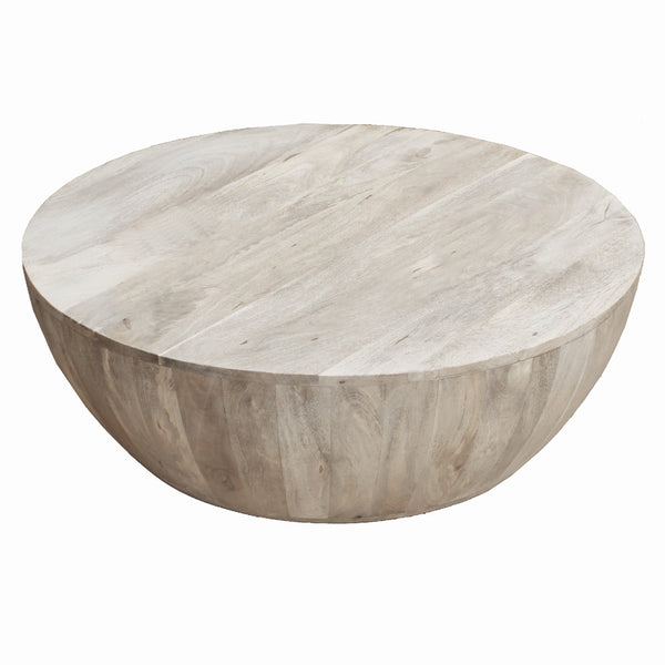 Benzara Arthur 35.5 Inch Round Mango Wood Coffee Table Subtle Grains Distressed White - UPT-32181