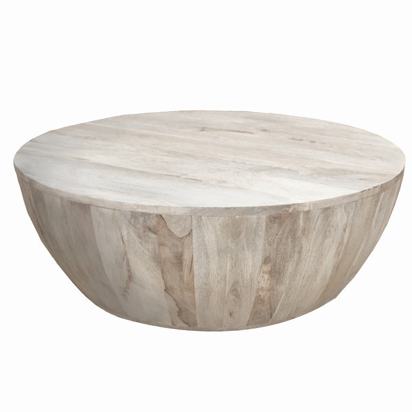 Benzara Arthur 35.5 Inch Round Mango Wood Coffee Table Subtle Grains Distressed White - UPT-32181