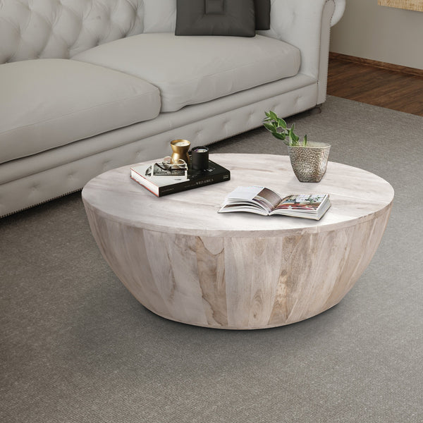benzara Arthur 35.5 Inch Round Mango Wood Coffee Table Subtle Grains Distressed White - UPT-32181